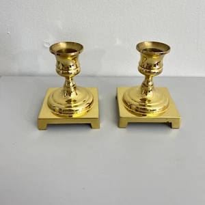Vintage Brass Square Base Candle Holders Set Of 2 Elegant Home Decor Or Gift - Picture 1 of 3