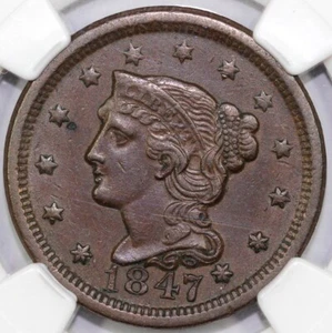 1847 1c N-30 Braided Hair Large Cent NGC AU 55 - Picture 1 of 5