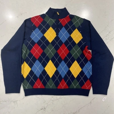 Vineyard Vines Mens L Wool Cashmere Blend 1/4 Zip Navy Preppy Argyle Sweater - Image 1 of 4