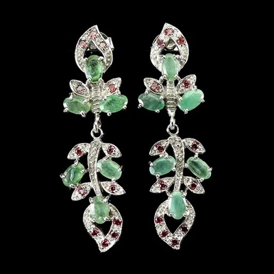 925 Sterling Silver Earrings Oval Emerald Rhodolite Natural Gemstone Jewelry - Image 1 of 4