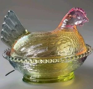 Beautiful Glass "Hen On Nest" Yellow Pink Green Candy Dish 5"T X 7"L X 5" - Picture 1 of 18
