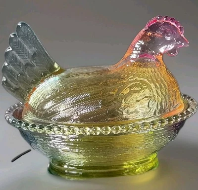 Beautiful Glass "Hen On Nest" Yellow Pink Green Candy Dish 5"T X 7"L X 5" - Image 1 of 4