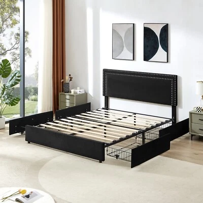 Bed Frame with 4 Storage Drawers Full Queen Size Wood Platform Velvet Headboard - Image 1 of 4