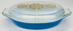 1970’s Pyrex 1 -1/2 Quart Royal Blue Oval Divided Casserole Dish 945-C Gold Lid - Picture 1 of 11