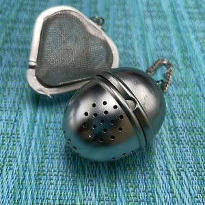 2 Stainless Tea Infusers Heart Shaped Mesh & Stainless Tea Ball w Chains & Hooks - Picture 1 of 5