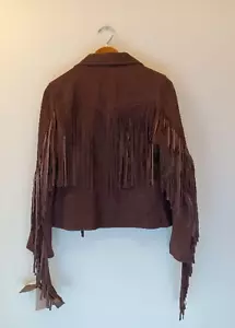 NWT FRYE Lamb Suede Leather Fringe Biker Western Moto Jacket Brown Sz Medium - Picture 1 of 13