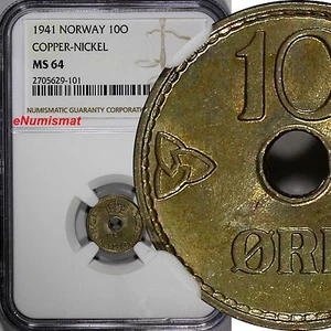 Norway Haakon VII Copper-Nickel 1941 10 Øre NGC MS64 WWII Issue KM# 383 (101) - Picture 1 of 4