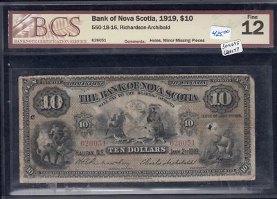 1919 Bank of Nova Scotia Chartered Bank Note - BCS F 12 - CH#550-18-16   A3 - Image 1 of 2