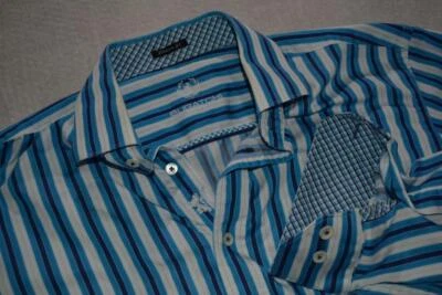 47232-a Bugatchi Uomo Dress Shirt Flip Cuffs Classic Blue Striped Size Large Men - Image 1 of 4