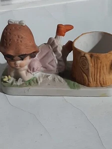 Vintage 1982 WA Bisque Porcelain Girl With Turtle Figurine Candle Holder - Picture 1 of 6