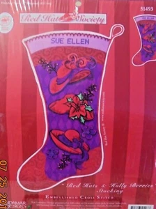 "RED HATS & HOLLY BERRIES STOCKING" Cross Stitch Kit w/ Embellishments-NEW - Picture 1 of 3
