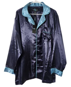 Steve Harvey Mens L Satin Pajama Night Shirt Button Up Navy Blue - Picture 1 of 4