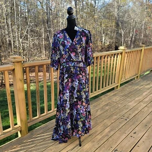 Soft Surroundings Florencia Dress Black Multi Floral Asymmetrical Midi Size 18 - Picture 1 of 8