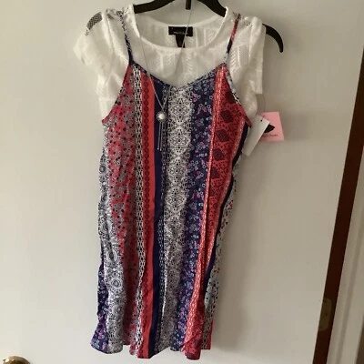 GIRLS  AMY'S CLOSET SUNDRESS RED WHITE& BLUE FLOWERED 1 PC ATTACH LACE SHIRT - Image 1 of 2