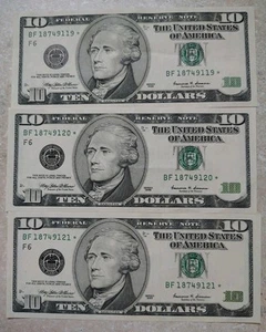 3 Consecutively Numbered STAR $10 1999 Federal Reserve Notes Crisp Uncirculated - Picture 1 of 3