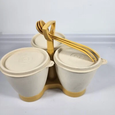 Vintage Tupperware 757-3 Condiment Caddy Server w/ Lids and Spoons Almond color - Image 1 of 4