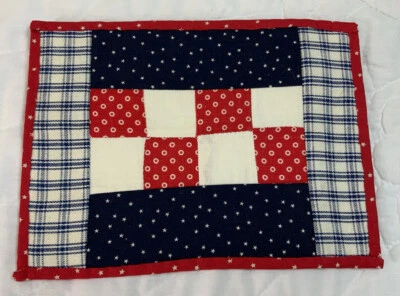 Vintage Patchwork Quilt Table Topper, Four Patch, Rectangles, Red, Navy Blue - Image 1 of 4