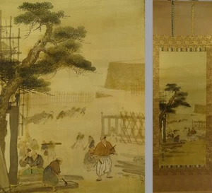 YR34 Figure of the castle landscape Hanging Scroll Japanese Art painting antique - Picture 1 of 12