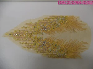 Yellow Floral Embroiderery Lace Applique Beaded/Jeweled Tulle Fabric - Picture 1 of 7