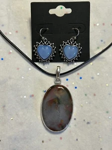 Moss Agate 925 Silver Gemstone Pendant With Fashion Blue Heart Earrings - Picture 1 of 6