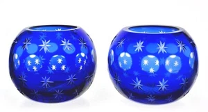 Bohemian Cobalt Blue Cut to Clear Flashed Glass Candle Votive Tea Light Holders - Picture 1 of 4