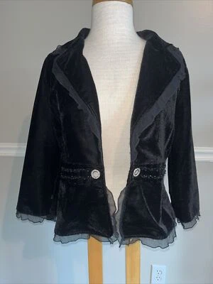 Chaqueta Blazer Willi Smith Mujer Negra Imitación Terciopelo Cinta Borde Frente Abierto M Foto 1 de 4