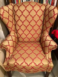 Sherrill  Chippendale Wingback Chair Gold/Coral/Cran,Cherry Wood, Clean, Upholst