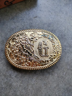 Hebilla de cinturón occidental vintage Crumrine bronce letra G Foto 1 de 3