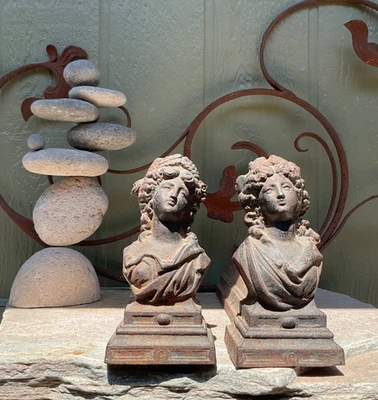 Antique Art Deco Cast Iron Woman’s Bust Marmoset Andirons ~ Log Support 12” - Image 1 of 4