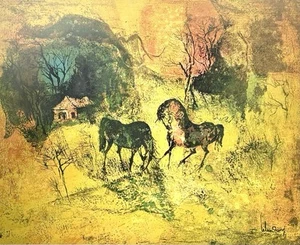 Yellow Mid-Century Surreal Equestrian Scene 27" Hoi Lebadang Ethereal Landscape - Picture 1 of 9
