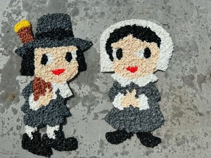 Lot 2 Vintage Thanksgiving Melted Popcorn Girl Boy Pilgrim Art - Picture 1 of 5