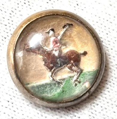 Antique Reverse Painted Glass Button Horse & Rider Victorian Sporting Hunt 1880s - Image 1 of 2