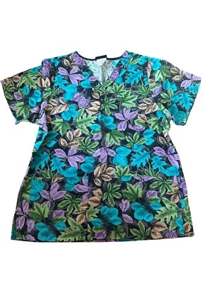 Tafford Multicolored Leaves Floral Print 100% Cotton V Neck Scrub Top Small - Image 1 of 2
