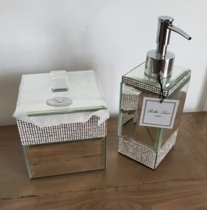 2pc BELLA LUX Mirror Rhinestone Bath Set Liquid Soap Dispenser Cotton Ball Jar - Picture 1 of 10