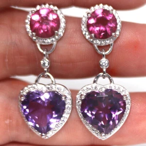 12 x 12 MM. Purple Amethyst, Topaz & Cubic Zirconia Earrings 925 Sterling Silver - Picture 1 of 4