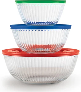 Sculpted 3-Pack Glass Mixing Bowls (1.3 QT, 2.3 QT, 4.5 QT) with Bpa-Free Lids, - Picture 1 of 12
