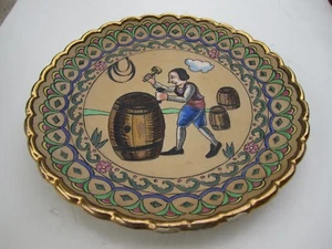 Old ESPANA Spain Faience Vivid Hand Painted Enamels Man With Barrels 11" Plaque - Picture 1 of 6