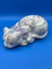VTG Asian Porcelain Hand Painted 10” Floral  Sleeping Cat Figurine Chinoiserie