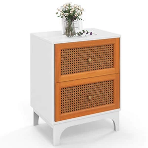 Rattan Nightstand with 2 Handwoven Rattan Decorated Drawers Solid Wood Legs - Picture 1 of 8