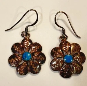 Pendientes colgantes vintage de plata de ley con piedra turquesa 925 joyería floral - Imagen 1 de 6