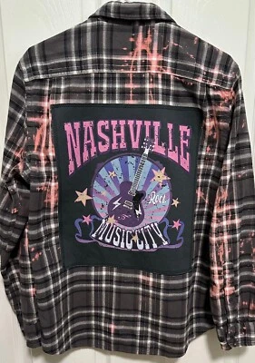 NASHVILLE Distressed Flannel Shirt Nashville Music City Rock tee on back Mens L - Image 1 of 4