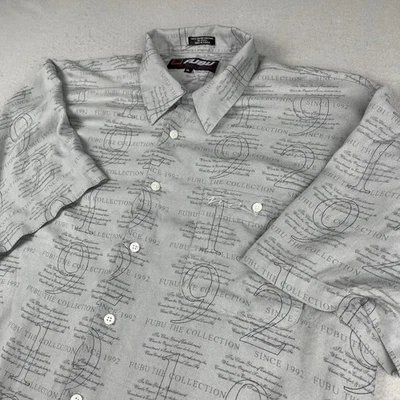 Vintage FUBU Shirt Mens XL Gray Y2K Hawaiian Loop Collar Baggy Button UP Printed - Image 1 of 4