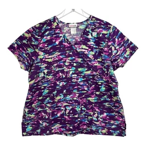 Scrub Star Scrub Top Size XL Has Pockets Purple With Multi Color Pattern A4 - Picture 1 of 6