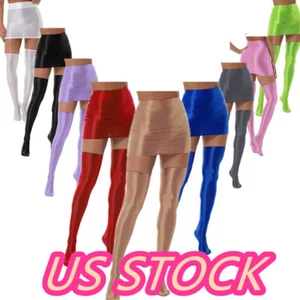 Women High Waist Mini Skirt Glossy Skirt with Thigh High Stockings Clubwear - Picture 1 of 118