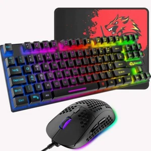 Rainbow Gaming Keyboard And Mouse Set Wired 88 Keys LED Backlit USB For PC PS4 - Picture 1 of 15