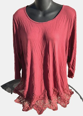 Кабель и калибр туника верхний женщин мягкий бордовый кружевной низ 3/4 рукав размер 1 X - Изображение 1 из 4