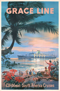Navire de croisière Grace Line Caraïbes vintage voyage art mural maison - AFFICHE 20"x30"
