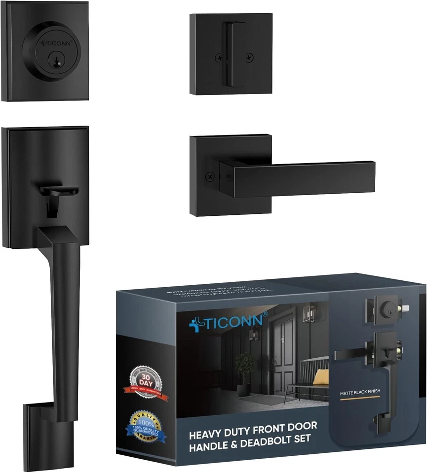 TICONN Front Door Handle Set, Heavy Duty Square Door Lever & Single Cylinder Deadbolt