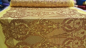 Gold Lace Sequin Yellow Mesh 4 Way Stretch Fabric By The Yard Prom Dress Bridal  - Picture 1 of 7