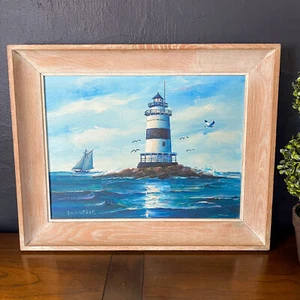Quadro vintage con cornice paesaggio marino faro nautico originale arte costiera Thompson - Foto 1 di 8